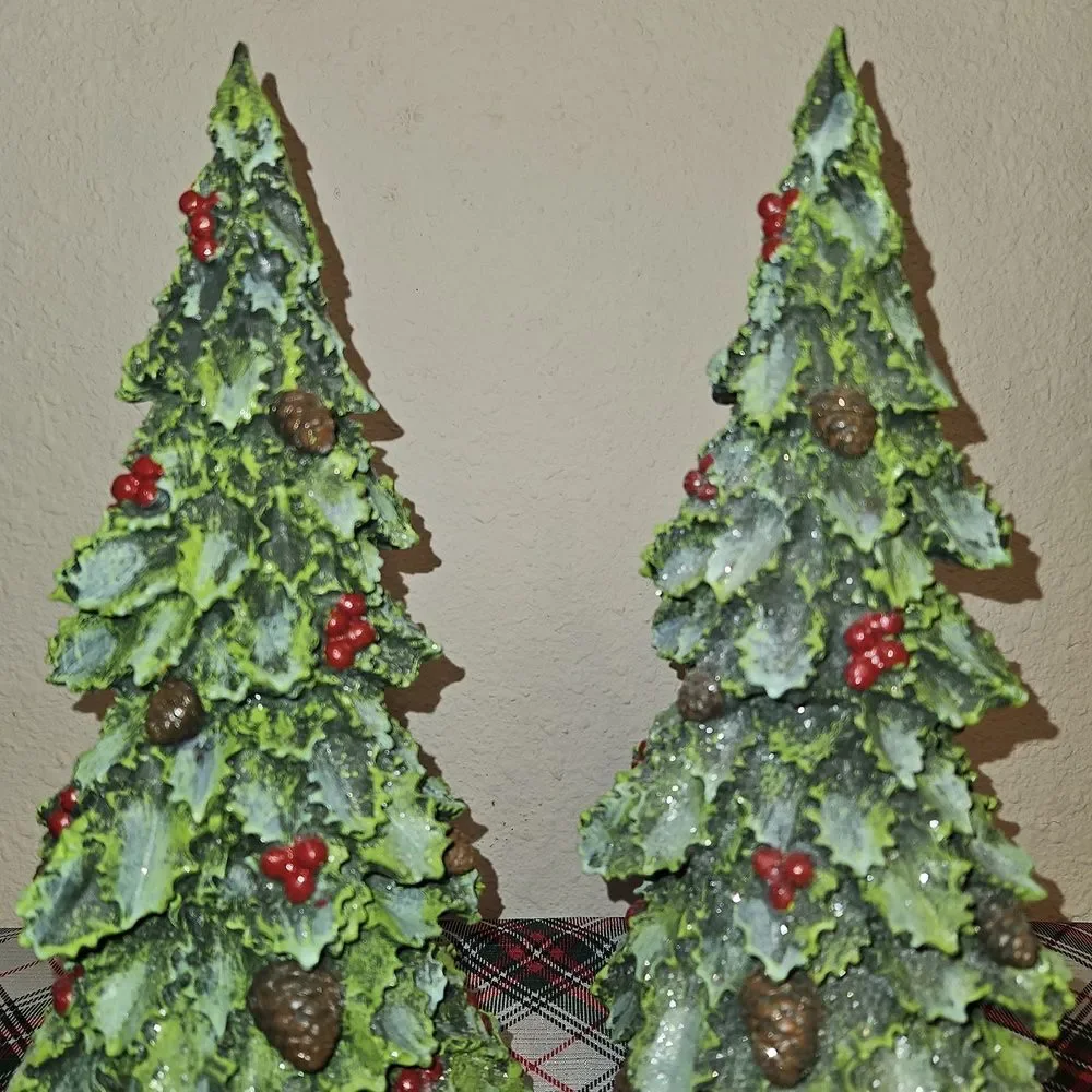 Set Of 2 Elegant Holly & Berry Evergreen Holiday Resin Tree Decor